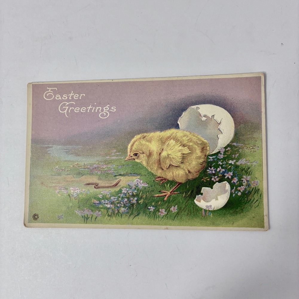 VTG Easter Greetings Postcard Embossed Yellow Chick Hatched Egg Series 812 F